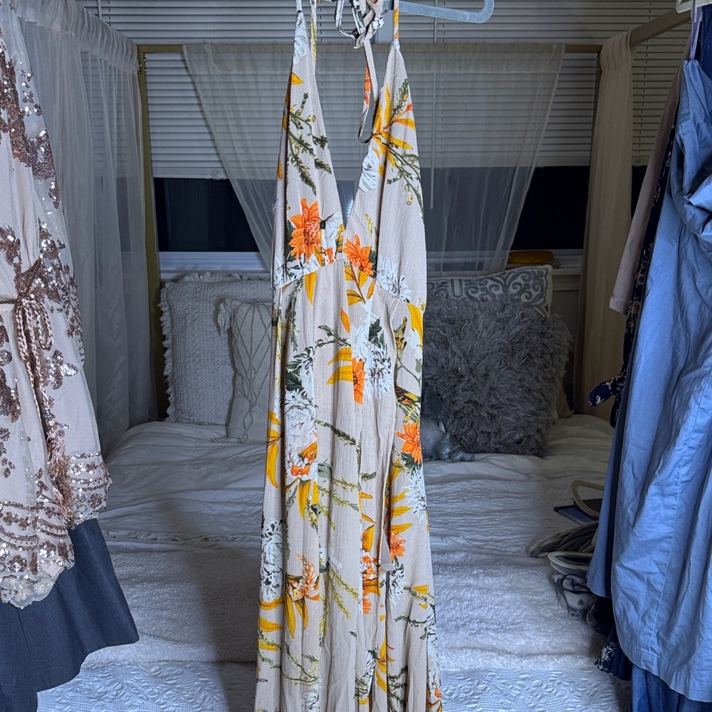 Floral Halter Low Back Strappy Maxi Dress